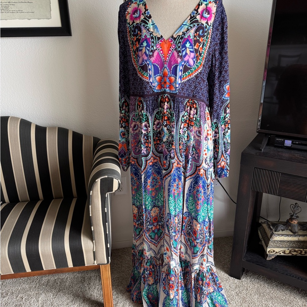 Johnny Was Pink and Blue Resort Gown with Bishop Sleeves